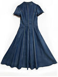 Retro Flower Embroidery Female V Neck Denim Pleated Dress