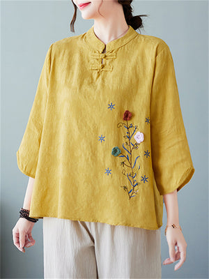 Women's Floral Hand Embroideried Elegant Stand Collar Shirt