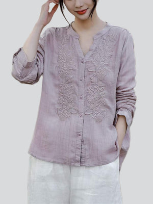 V-Neck Button Up Long Sleeve Embroidery Linen Shirt for Women