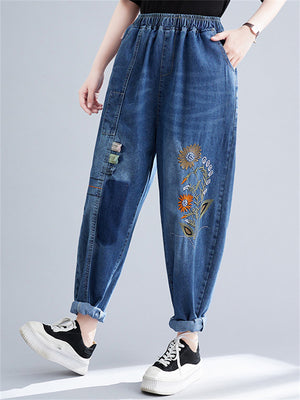 Women's Thin Elastic Waist Patchwork Floral Jeans