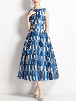 Trendy Blue & White Letters U Print Dress for Ladies