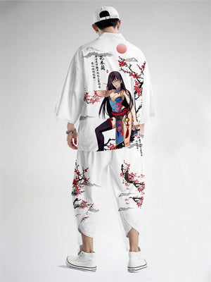 Retro Plum Blossom Hanzi Print Men's Cardigan Shirt Cropped Pants