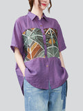 Women's Vintage Printed Spliced Short Sleeve Shirt