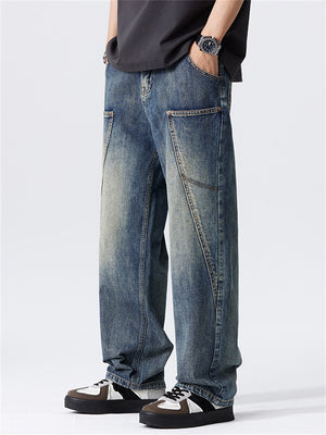 Men's High Street Loose Vintage Blue Straight-Leg Jeans