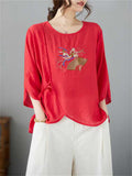 Female Chinese Fan Flower Embroidered 3/4 Sleeve Shirt