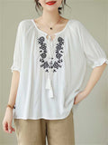 Casual Tassel Lace Up Dandelion Embroidery Shirt for Women