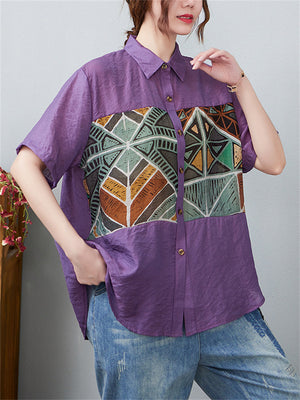 Women's Vintage Printed Spliced Short Sleeve Shirt