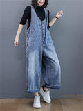 Women's Leisure U Neck Washed Straight Leg Denim Overalls