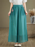 Lotus Embroideried Flowy Linen Fairy Pants for Women