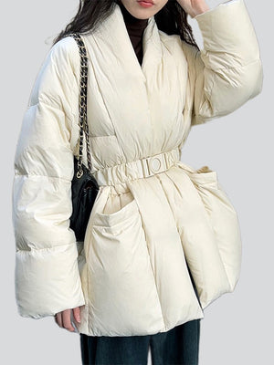 Women's Chic V Neck Tie-Waist Wrap White Duck Down Coat