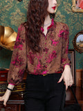 Rose Red Stand Collar Lantern Sleeve Retro Chiffon Shirt for Female