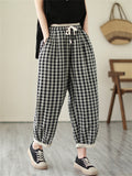 Retro Black & White Plaid Linen Casual Pants for Women