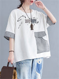 Women's Summer Letter Print Plaid Patch Pocket T-shirt