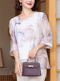 Women's Tassel Button Decoration Round Neck 3/4 Sleeve Shirt