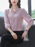 Elegant Puff Sleeve Floral Pattern Faux Silk Shirt for Women