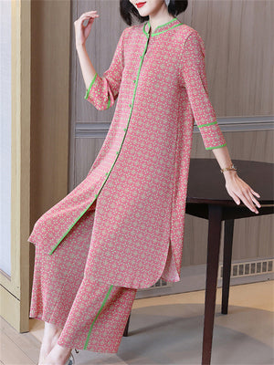 Women's Vintage Contrast Color Print Pink Sets