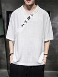 Men's Retro Linen V Neck Hanzi Embroidered Summer Shirt