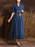 Women's Oriental Floral Embroidery V-Neck Front Slit Denim Dress