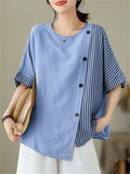 Women's Round Neck Striped Patchwork Irregular T-shirt