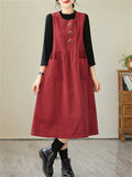 Women's Retro Daisy Embroidery Mid-Length Corduroy Dress