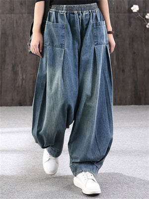 Solid Baggy Elastic Waist Jeans for Ladies