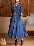 Women's Elegant Embroidery V Neck Button Up Denim Dress