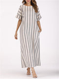 Female Gray White Striped Round Neck Pocket Dress