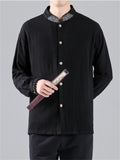 Men's Casual Embroidery Stand Collar Linen Long Sleeve Shirt