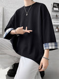 Male Summer Plaid Patchwork Shirt with 3/4 Sleeves