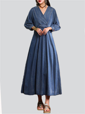 Women's Elegant V Neck Lantern Sleeve Pleated Denim Dress