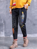 Women's Chic Embroidery Warm Plush Liner Dark Blue Jeans