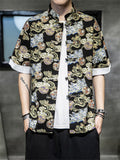 Men's Fashion Short-Sleeved Loong Printed Tang Suit Shirt