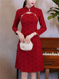 Chinese Style Wine Red Knee Length Jacquard Qipao