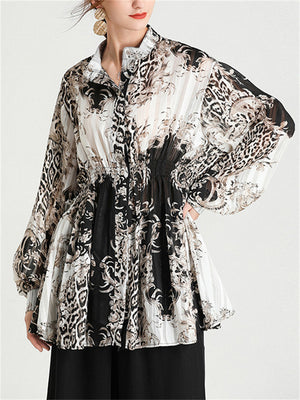 Lady Button Up Lantern Sleeve Printed Satiny Shirts