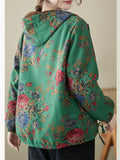 Country Style Flower Print Female Drawstring Hem Hooded Coat