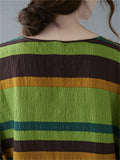 Contrast Color Striped Cotton Linen Scoop Neck T-shirt for Women