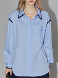 Women's Elegant Sky Blue Lapel Single-Breasted Shirt