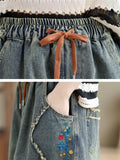 Ladies Floral Embroidered Lace-Up A-Line Denim Skirts