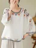 Ladies Ethnic Style Floral Embroidery Round Neck Shirts