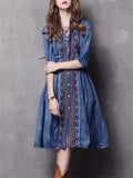 Ethnic Style Embroidery Half Sleeve Adjustable Waist Denim Dress