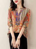 Summer Bohemian Style V Neck Print Vacation Shirt for Women