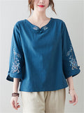 Women's Ethnic Style Peony Embroidery 3/4 Sleeve Linen Shirt