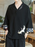 Male Chinese Style Lifelike Crane Embroidery V-neck Shirts