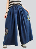 Ladies Floral Embroidered Semi-Circular Patch Elastic Waist Jeans