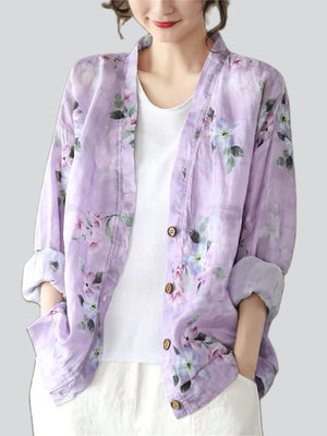 Spring Flower Print Long Sleeve Soft Texture Shirt for Lady