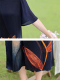 Ladies Cozy Breathable Chiffon Dress with Golden Lotus Print