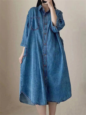 Women's Casual Oversized 3/4 Sleeve Blue Denim Shirt Dress