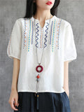 Female Ethnic Style Cotton Linen Short Sleeve V-neck Shirts