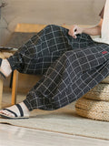 Chinese Style Men's Black Embroidered Plaid Pants