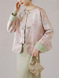 Elegant Round Neck Knot Button Pink Green Female Jacket